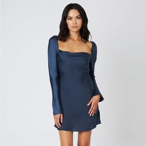 american threads navy blue silk satin mini dress long sleeve